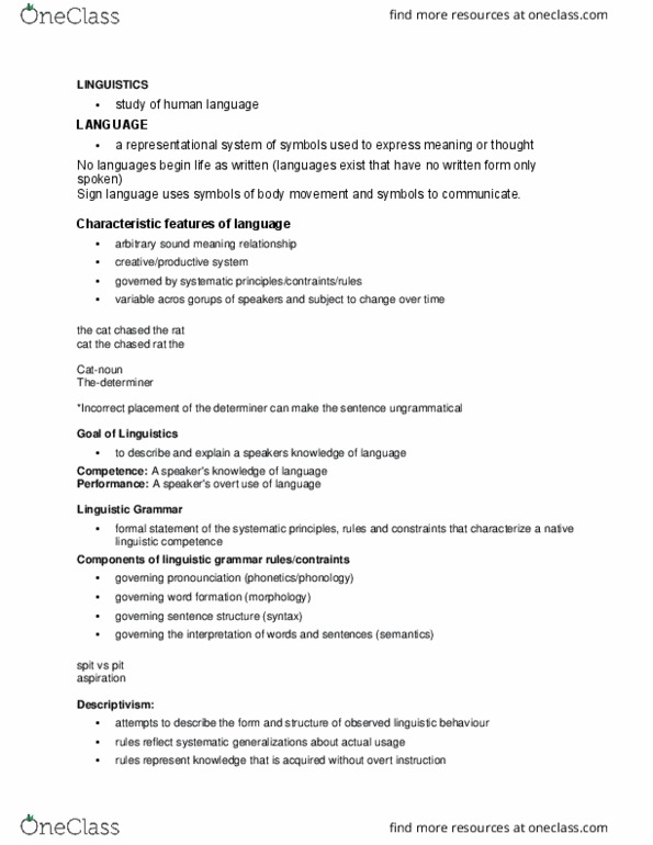 LING 1000 Lecture Notes - Lecture 1: Linguistic Description, Linguistic System, Word Formation thumbnail