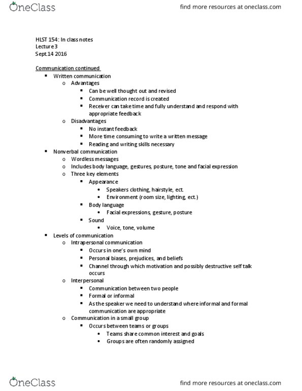 HLST-154 Lecture Notes - Lecture 3: Mass Communication, Body Language, Intrapersonal Communication thumbnail