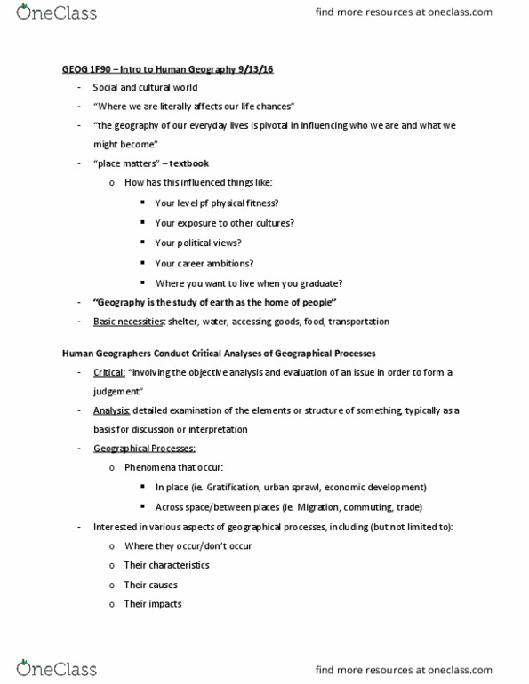 GEOG 1F90 Lecture Notes - Lecture 1: Urban Sprawl, Human Geography, Types Of Rural Communities thumbnail