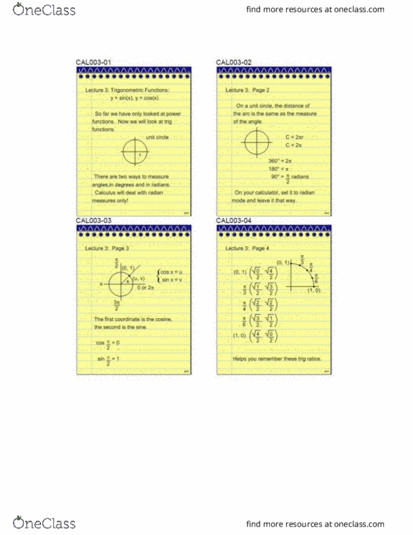 MATH 1150 Lecture Notes - Lecture 3: Sine Wave, Radian, Unit Circle thumbnail