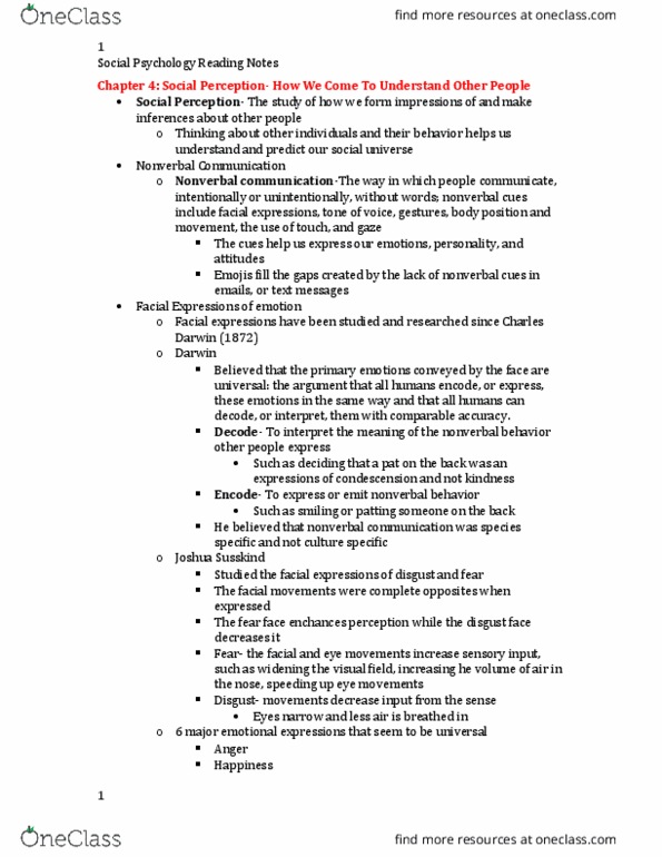 PSYC 315 Chapter Notes - Chapter 4: Social Neuroscience, Paul Ekman, Eye Contact thumbnail