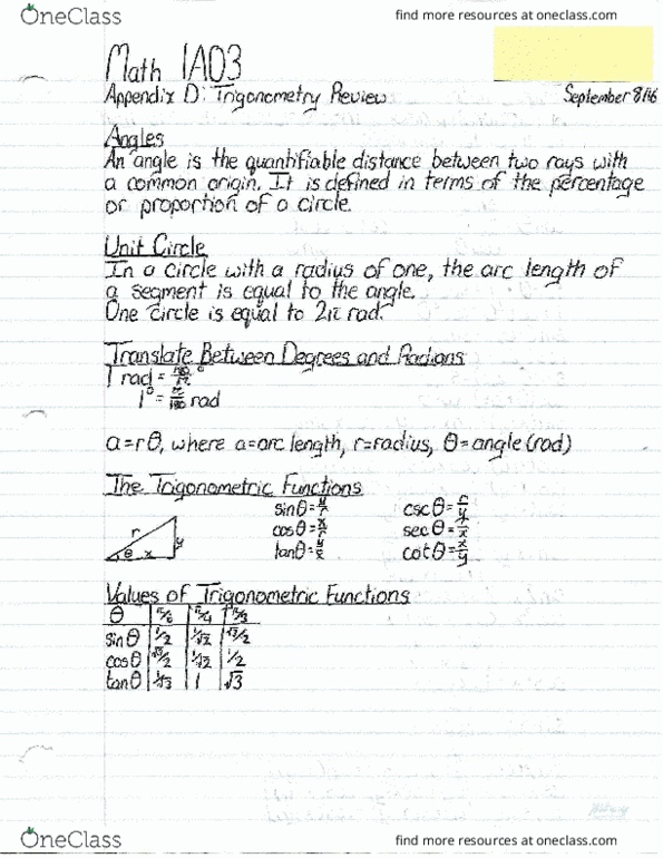 MATH 1A03 Lecture Notes - Lecture 1: An Angle, Unit Circle thumbnail
