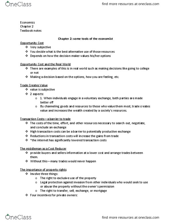 ECON 201 Chapter Notes - Chapter 2: Opportunity Cost thumbnail