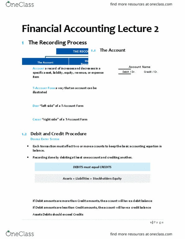 33:010:272 Lecture Notes - Lecture 2: Trial Balance, The Ledger, Accounting Equation thumbnail