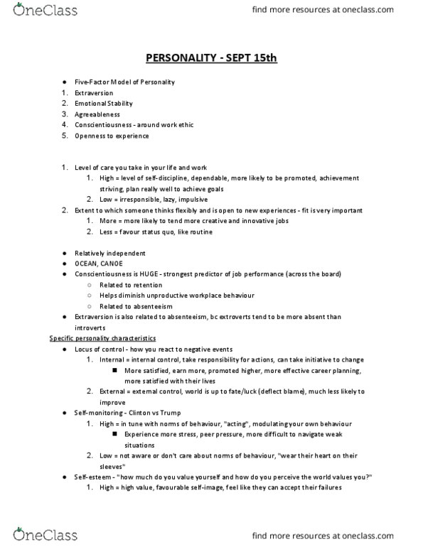 COMMERCE 1BA3 Lecture Notes - Lecture 5: Extraversion And Introversion, Job Performance, Conscientiousness thumbnail