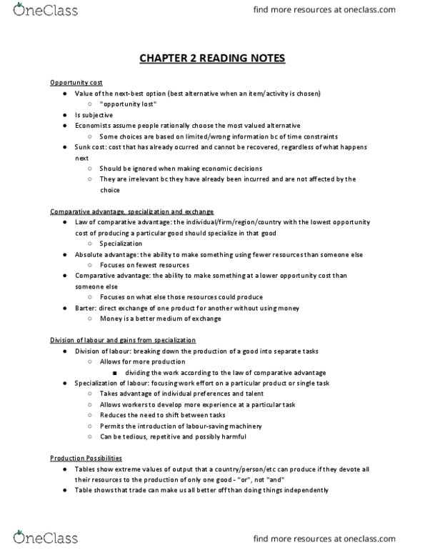 ECON 1BB3 Chapter Notes - Chapter 2: Absolute Advantage, Autarky, Comparative Advantage thumbnail