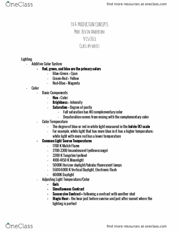 COMM 231 Lecture Notes - Lecture 4: Fill Light, Color Temperature, Complementary Colors thumbnail