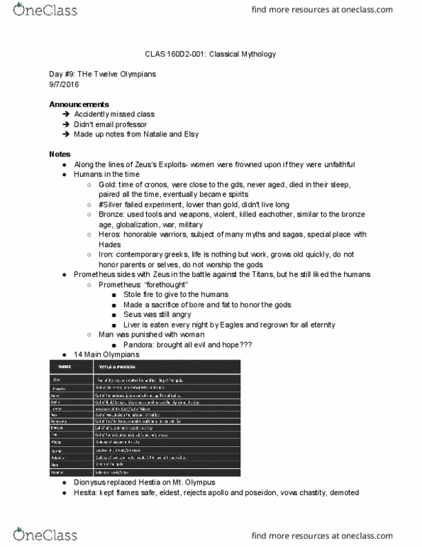 CLAS 160D2 Lecture Notes - Lecture 7: Twelve Olympians, Cup-Bearer, Eileithyia thumbnail