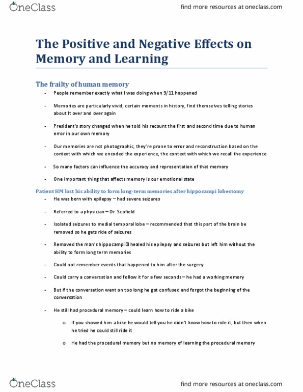 KINESIOL 2G03 Lecture Notes - Lecture 11: Lobectomy, Procedural Memory, Conditioned Taste Aversion thumbnail