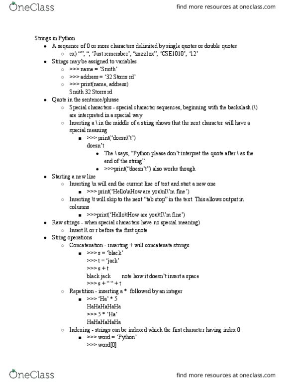CSE 1010 Lecture Notes - Lecture 2: Substring, String Operations, Concatenation thumbnail