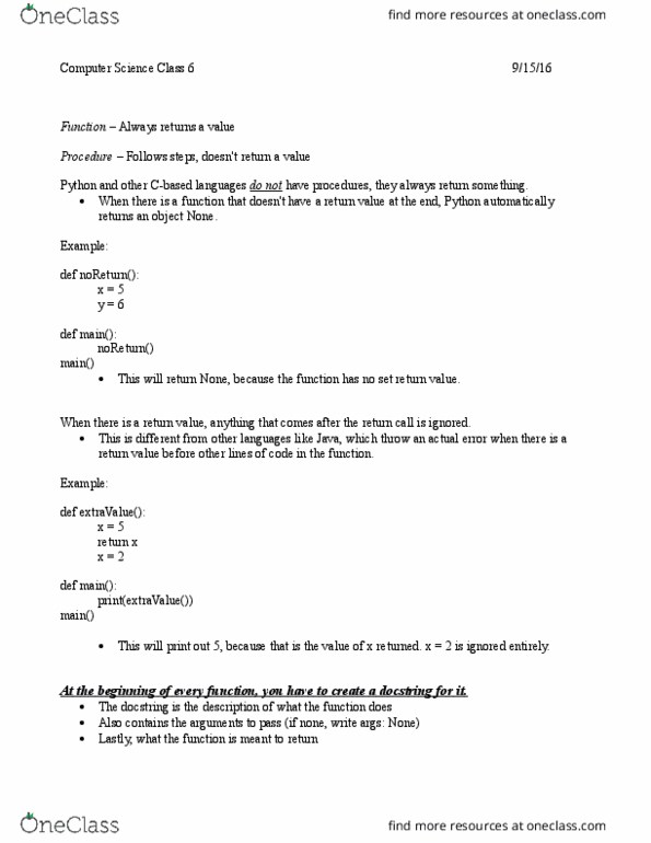 CS 110 Lecture Notes - Lecture 6: Global Variable, Docstring thumbnail