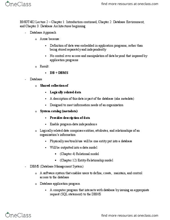 BMGT 402 Lecture Notes - Lecture 2: Database Application, Query Language, Relational Model thumbnail