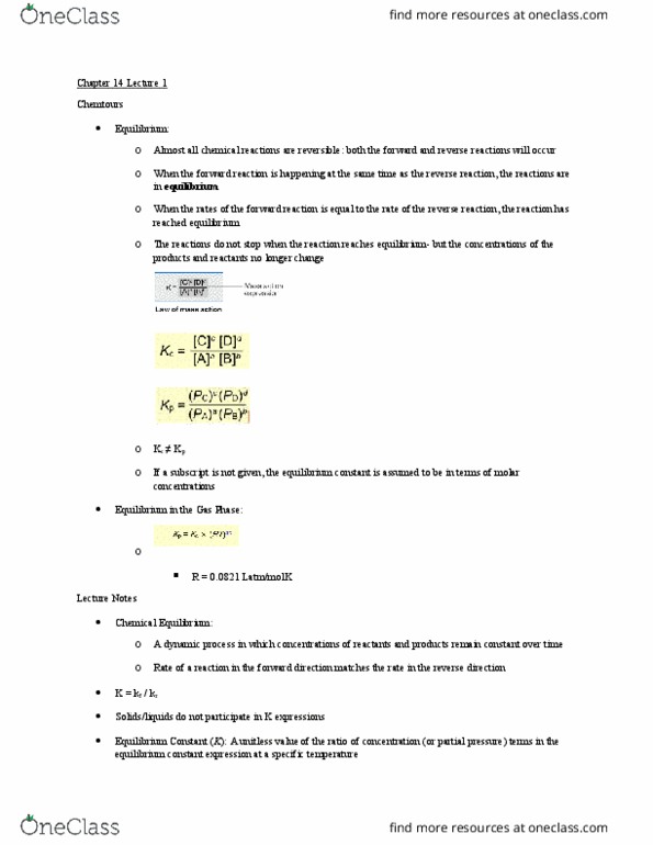 CHEM 1214 Lecture Notes - Lecture 1: Equilibrium Constant, Partial Pressure, Chemical Equation thumbnail