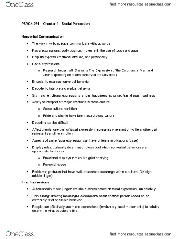 PSYCH 221 Chapter Notes - Chapter 4: Display Rules, Eye Tracking, Proxemics thumbnail