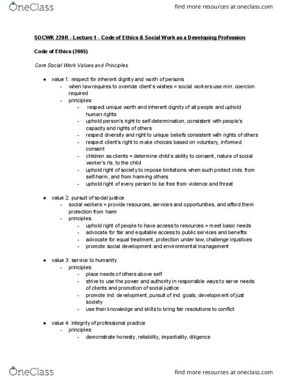 SOCWK220R Lecture Notes - Lecture 1: Respect Diversity, Scientific Method, Community Practice thumbnail