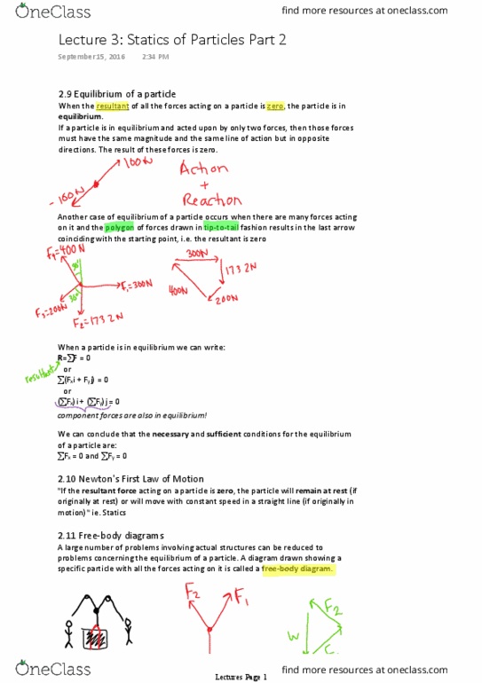 GNG 1105 Lecture Notes - Lecture 3: Free Body Diagram, Resultant Force, Statics thumbnail