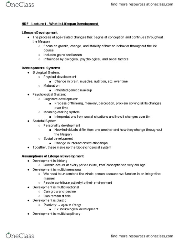 HDF 200 Lecture Notes - Lecture 1: Cognitive Development, Personality Development, Biopsychosocial Model thumbnail