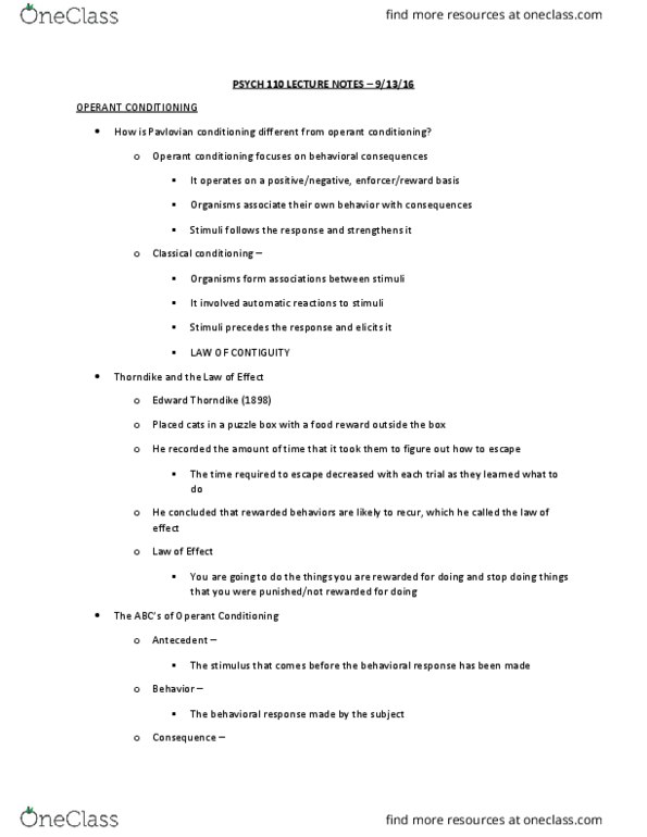 PSYC 110 Lecture Notes - Lecture 8: Edward Thorndike, Classical Conditioning, Reinforcement thumbnail