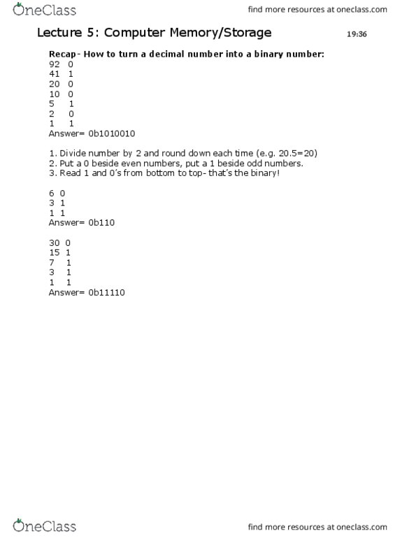 COMP 1001 Lecture Notes - Lecture 5: Central Processing Unit, Binary Number, Hard Disk Drive thumbnail