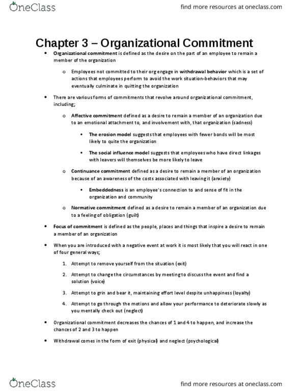 AFM280 Chapter Notes - Chapter 3: Organizational Commitment, Embeddedness, Absenteeism thumbnail