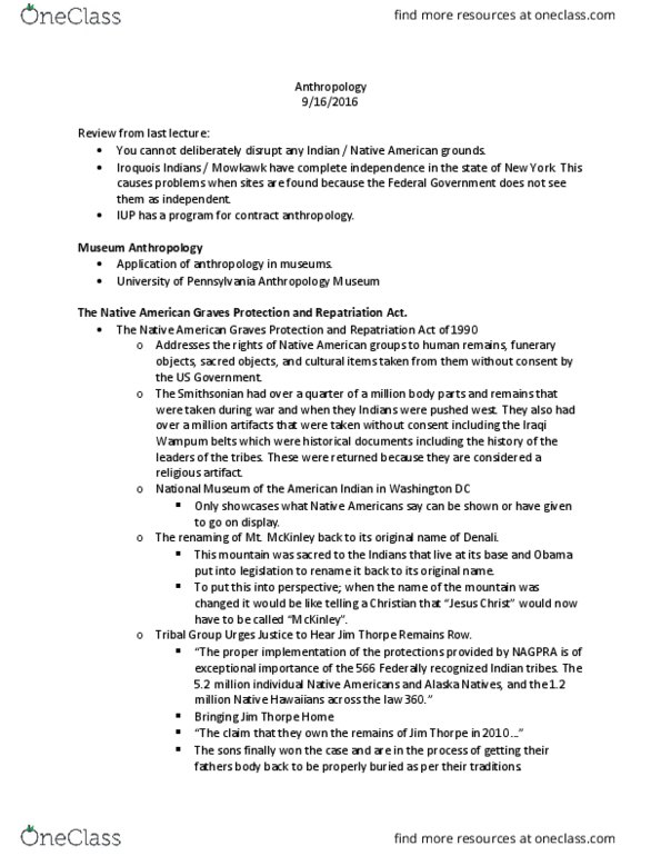 ANTHRO 200 Lecture Notes - Lecture 7: Native American Graves Protection And Repatriation Act, Newseum, Native Hawaiians thumbnail