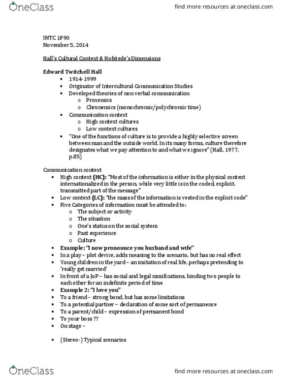 INTC 1F90 Lecture Notes - Lecture 9: High-Context And Low-Context Cultures, Chronemics, Proxemics thumbnail