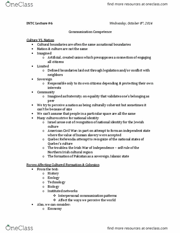 INTC 1F90 Lecture Notes - Lecture 6: Lactose Intolerance, Interpersonal Communication, Emic And Etic thumbnail