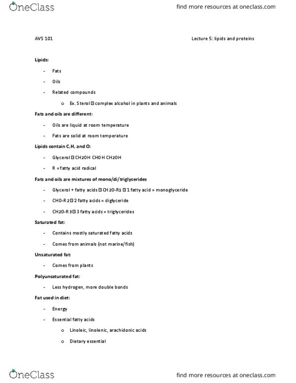 AVS 101 Lecture Notes - Lecture 5: Arachidonic Acid, Polyunsaturated Fat, Unsaturated Fat thumbnail