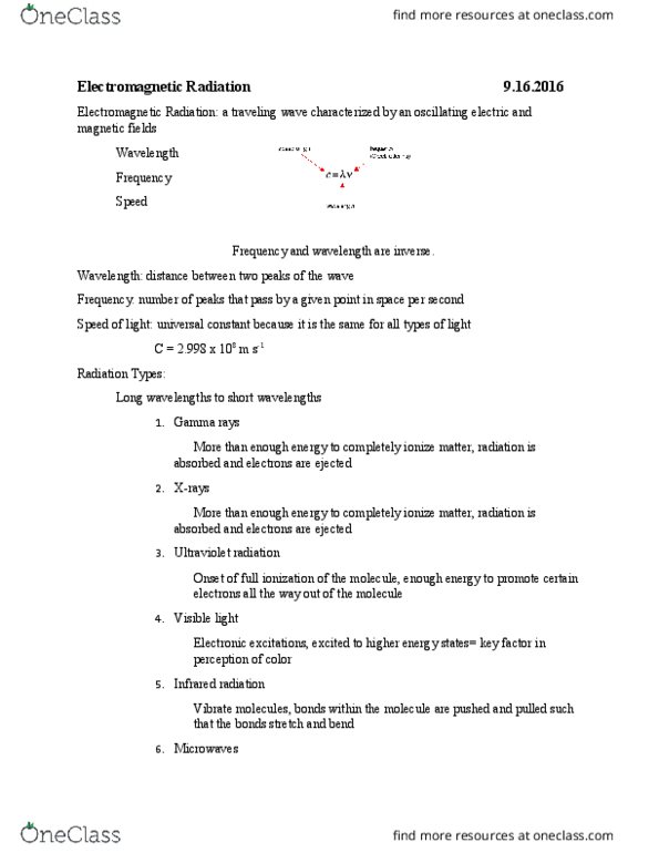 CH 301 Chapter Notes - Chapter LE09: Ultraviolet, Radiography, Visible Spectrum thumbnail