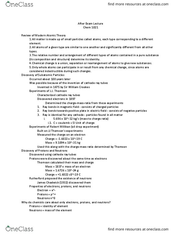 CHEM 1021 Lecture Notes - Lecture 10: Oil Drop Experiment, Robert Andrews Millikan, William Crookes thumbnail