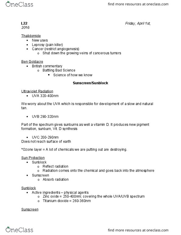 SCIE 1P51 Lecture Notes - Lecture 22: Angiogenesis, Sunburn, Zinc Oxide thumbnail