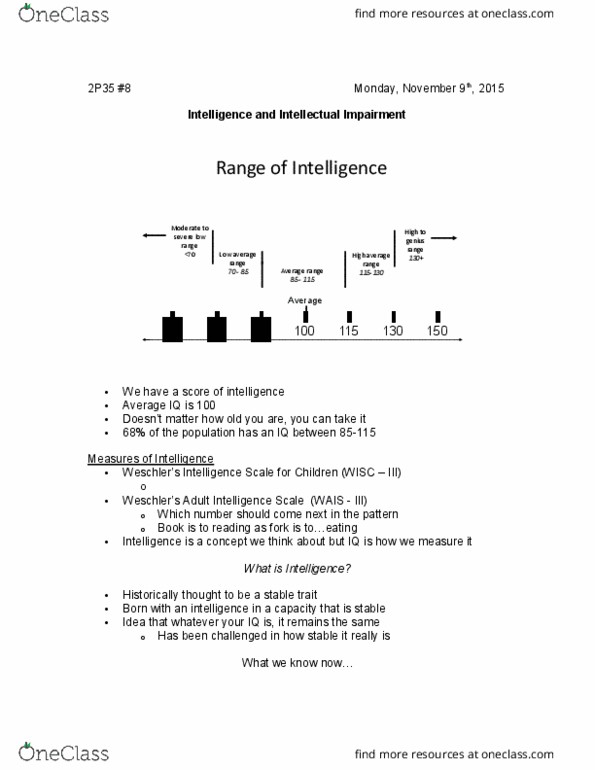 CHYS 2P35 Lecture Notes - Lecture 8: Wechsler Adult Intelligence Scale, Fetal Alcohol Spectrum Disorder, Depth Perception thumbnail