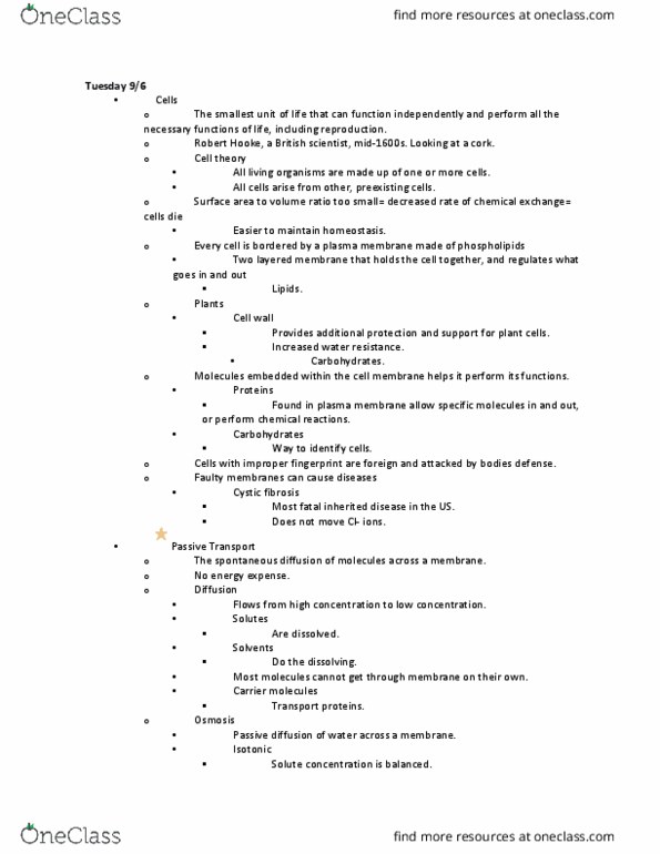 BIOLOGY 1101 Lecture Notes - Lecture 5: Active Transport, Osmosis, Extracellular Fluid thumbnail