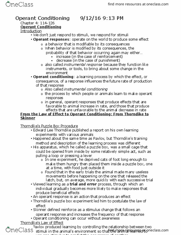 PSYC 110 Chapter Notes - Chapter 4: Edward Thorndike, Operant Conditioning Chamber, Behaviorism thumbnail