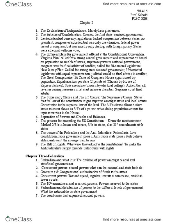 PLSC 2003 Lecture Notes - Lecture 6: Commerce Clause, Implied Powers, Cooperative Federalism thumbnail