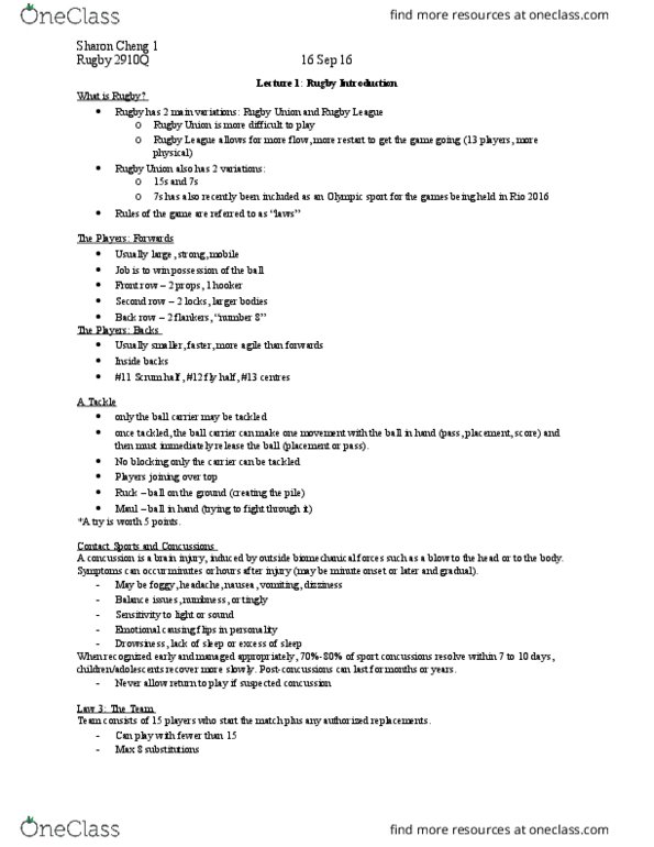 Kinesiology 2910Q/R/S/T Lecture Notes - Lecture 1: Headache, Place Kick, Somnolence thumbnail