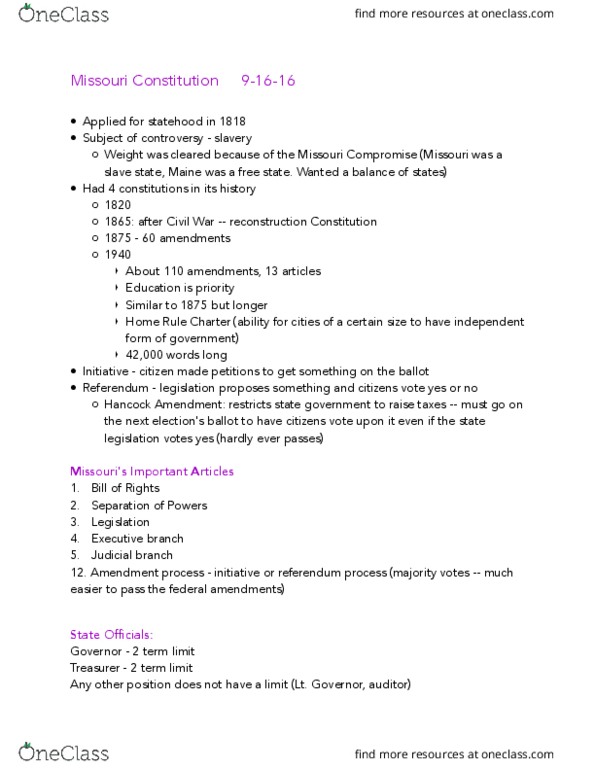 POL_SC 1100 Lecture Notes - Lecture 10: Constitution Of Missouri, Missouri Compromise thumbnail