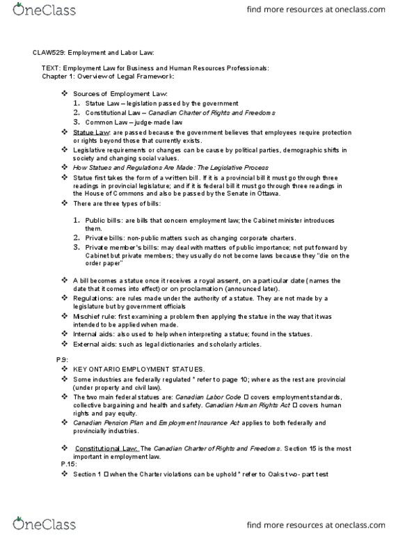 LAW 529 Lecture Notes - Lecture 1: Section 33 Of The Canadian Charter Of Rights And Freedoms, Mischief Rule, Independent Contractor thumbnail