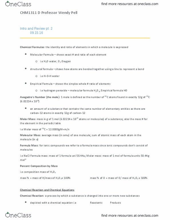 CHM 1311 Lecture Notes - Lecture 3: Stoichiometry, Spectator Ion, Molality thumbnail