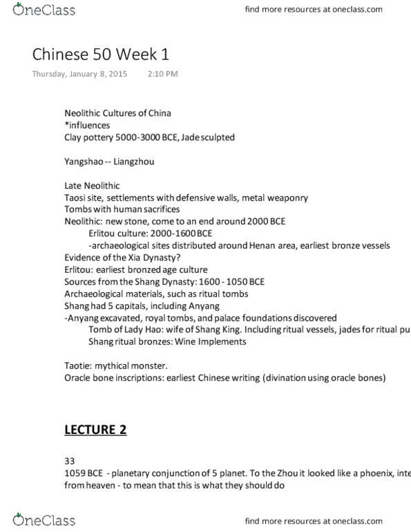 CHIN 50 Lecture Notes - Lecture 1: Shang Dynasty, Xia Dynasty, Erlitou Culture thumbnail