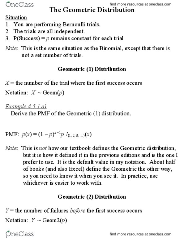 MAT 316 Lecture Notes - Lecture 8: Memorylessness, Probability Distribution, Geometric Distribution thumbnail