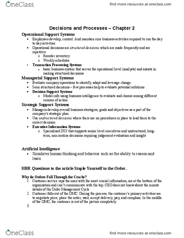 ITM 309 Chapter Notes - Chapter 2: Operations Support System, Executive Information System, Business Process Management thumbnail